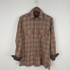 Vyg Adams Row Shirt Mens Medium Beige Plaid Long Sleeve Wool Flannel Pockets